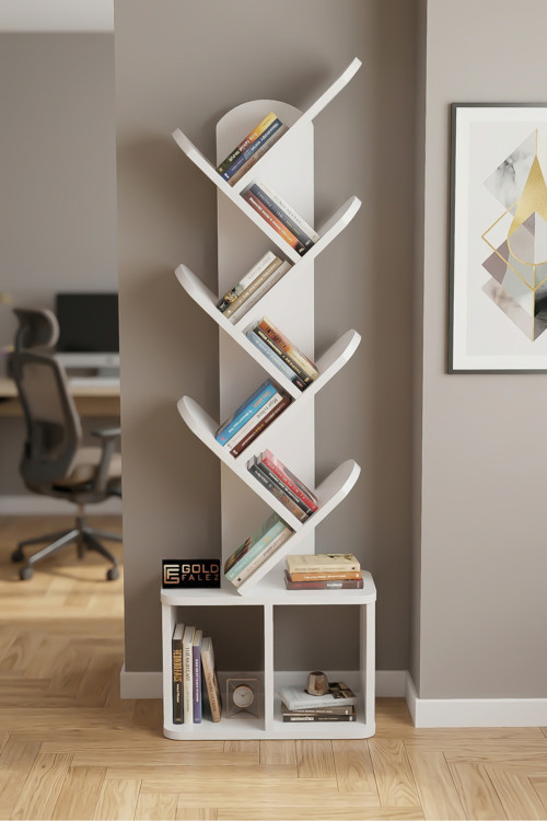 Kitaplık Modern Dekoratif Kitap Rafı Çok Katlı Kitap Standı Salon Ofis Organizer Yaprak 7060 Beyaz