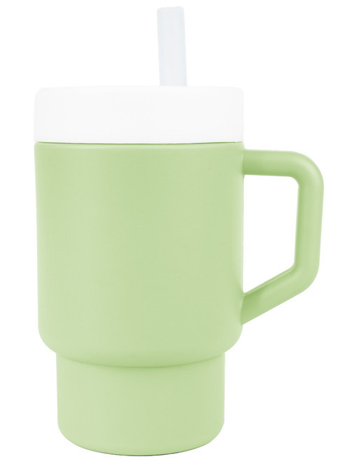 Mugley Tek Kulplu Kapaklı Pipetli Silikon Alıştırma Bardağı - Yeşil