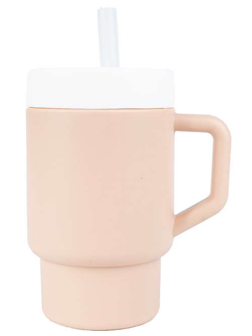 Mugley Tek Kulplu Kapaklı Pipetli Silikon Alıştırma Bardağı - Pembe