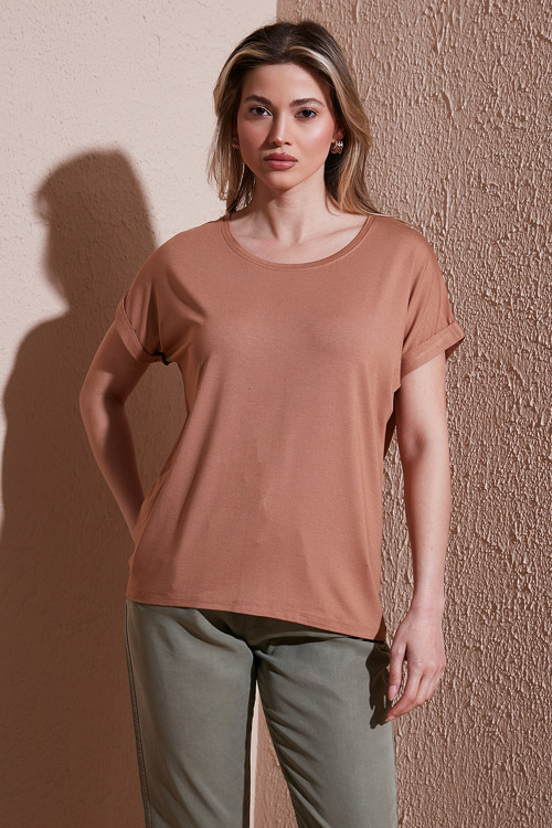 Dökümlü Bisiklet Yaka Basic Bayan T Shirt 26Y0194K1 KAHVE