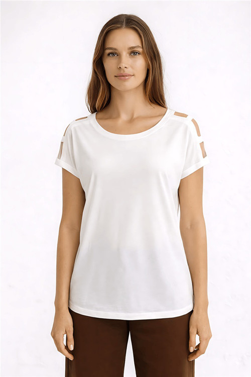 Pamuk ve Modal Karışımlı Omuz Detaylı Bayan T Shirt 26Y0195K1 BEYAZ