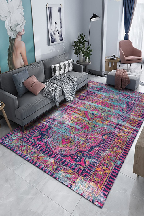 Lane Şönil Vintage Desenli Pamuk Taban Yıkanabilir Kaymaz Salon Halısı Mutfak Kilim