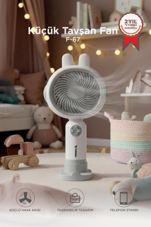 Şarjlı El Vantilatörü Telefon Standlı 3 Kademeli Tavşan Figürlü Masa Fanı F67 Beyaz