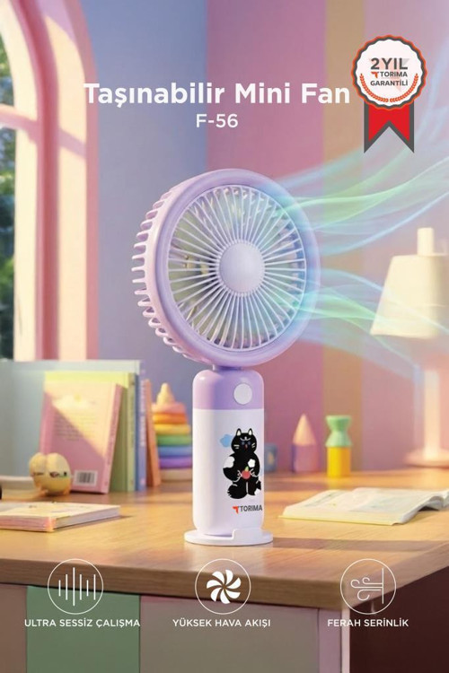 Şarjlı El Vantilatörü Masaüstü Stantlı 3 Kademeli Taşınabilir Mini Fan F56 Mor