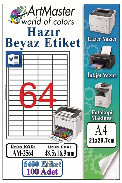 A4 Hazır Beyaz Etiket 48.5x16.9mm 100 Sayfa 1 Paket 64 lü Kendinden Yapışkanlı Fotokopi Lazer İnkjet Kağıdı Yazıcılar