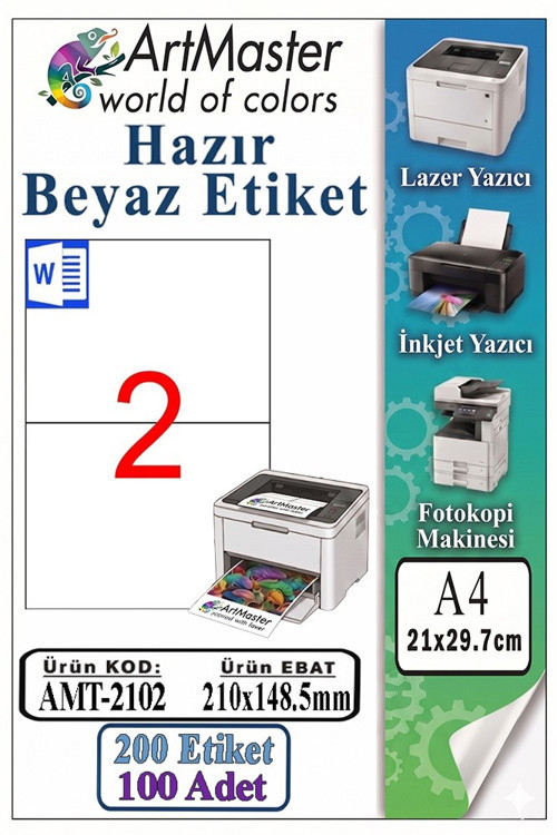A4 Hazır Beyaz Etiket 210x148.5mm 100 Sayfa 1 Paket 2 li Kendinden Yapışkanlı Fotokopi Lazer İnkjet Kağıdı Yazıcılar