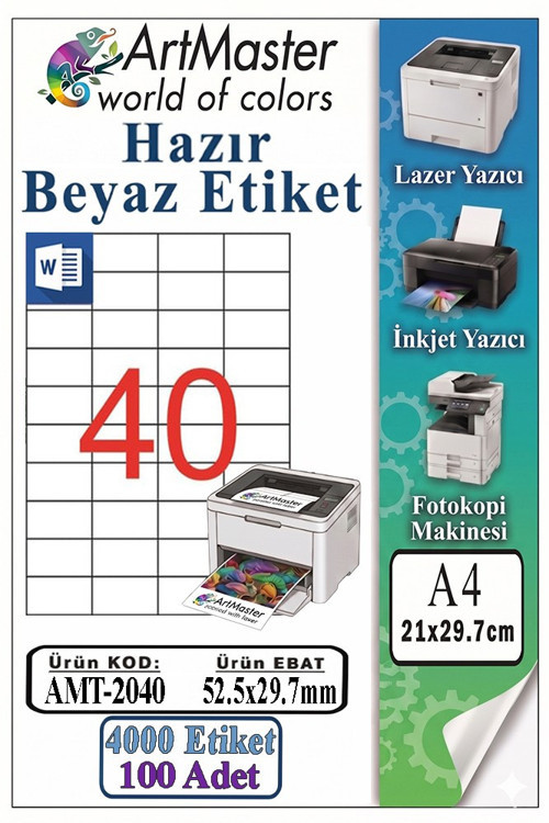 A4 Hazır Beyaz Etiket 52.5x29.7mm 100 Sayfa 1 Paket 40 lı Kendinden Yapışkanlı Fotokopi Lazer İnjekt Kağıdı Yazıcılar