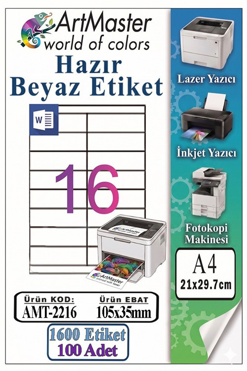 A4 Hazır Beyaz Etiket 105x35mm 100 Sayfa 1 Paket 16 lı Kendinden Yapışkanlı Fotokopi Lazer İnkjet Kağıdı Yazıcılar İçin