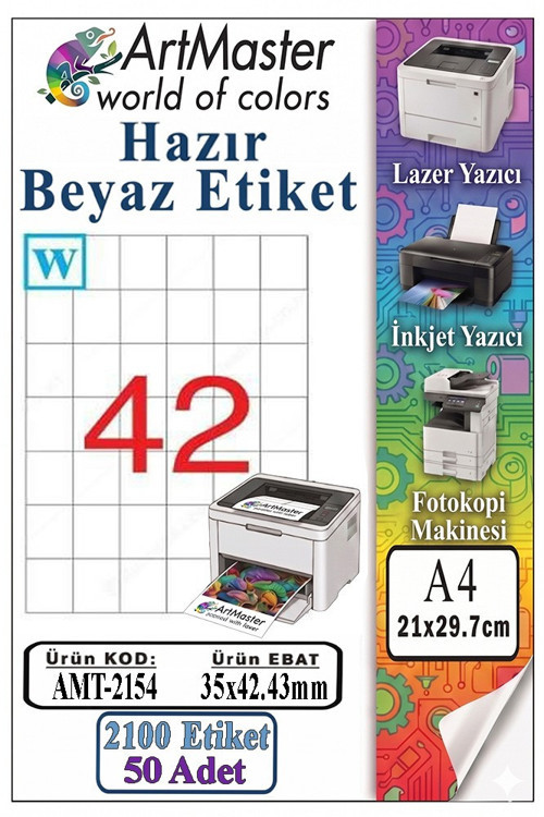 A4 Hazır Beyaz Etiket 35x42.43 mm 42 li 50 Sayfa 1 Paket Kendinden Yapışkanlı Fotokopi Lazer İnkjet Kağıdı Yazıcılar