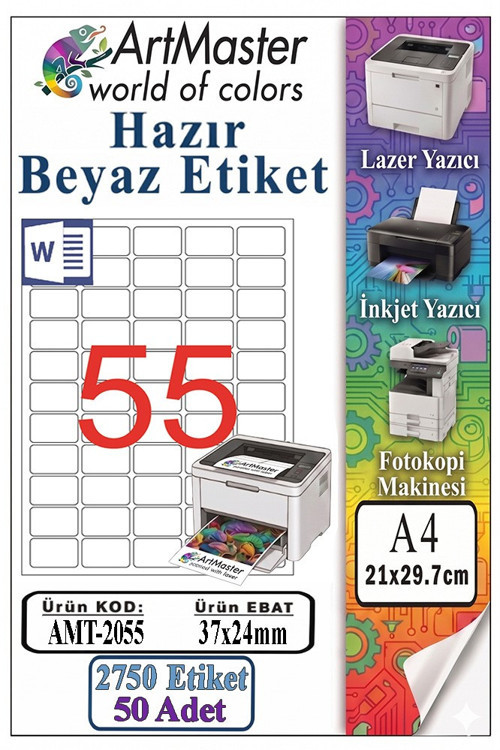 A4 Hazır Beyaz Etiket 37x24 mm 55 li 50 Sayfa 1 Paket Kendinden Yapışkanlı Fotokopi Lazer İnkjet Kağıdı Yazıcılar