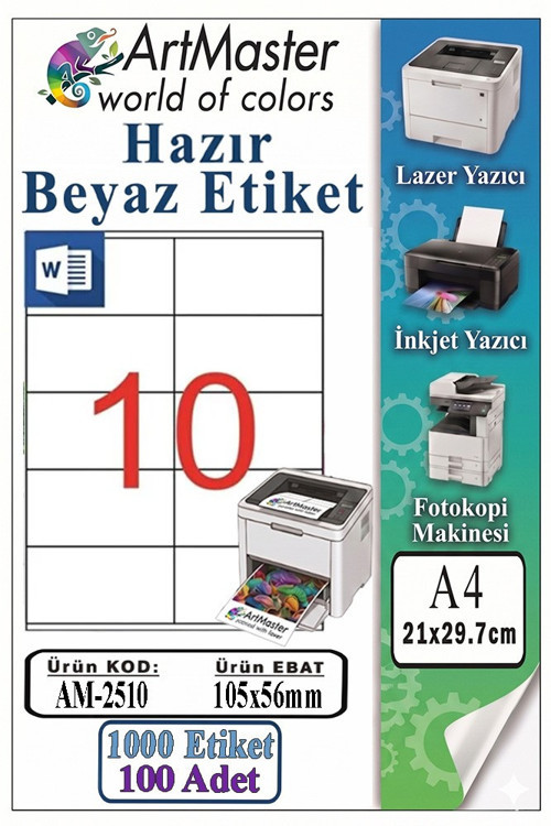 A4 Hazır Beyaz Etiket 105x56mm 100 Sayfa 1 Paket 10 lu Kendinden Yapışkanlı Fotokopi Lazer İnkjet Kağıdı Yazıcılar İçin