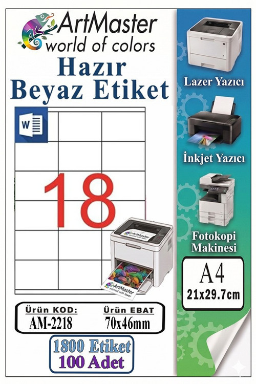 A4 Hazır Beyaz Etiket 70x46 mm 100 Sayfa 1 Paket 18 li Kendinden Yapışkanlı Fotokopi Lazer İnkjet Kağıdı Yazıcılar İçin
