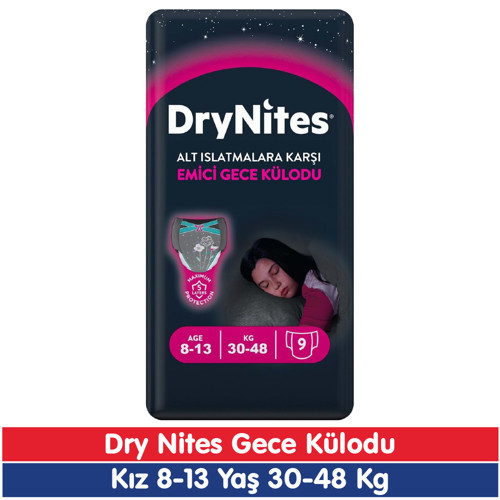 Drynites Kız 8-13 Yaş Emici Gece Külodu 30-48 Kg 9 Adet