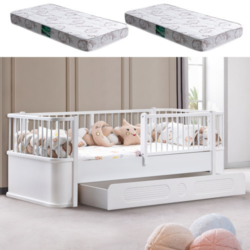 Yavrulu Karyola, Antalya Montessori Yavrulu Yatak - Beyaz + 2 Adet Comfort Yatak Beyaz-90 x 190