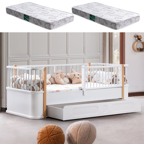 Yavrulu Karyola, Antalya Montessori Yavrulu Yatak - Beyaz + 2 Adet Comfort Yatak Ceviz-90 x 190
