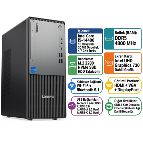 ThinkCentre Neo 50T Gen 5 i5-14400 32GB 2TB SSD Windows 11 Pro Masaüstü PC 12UD002CTR 014
