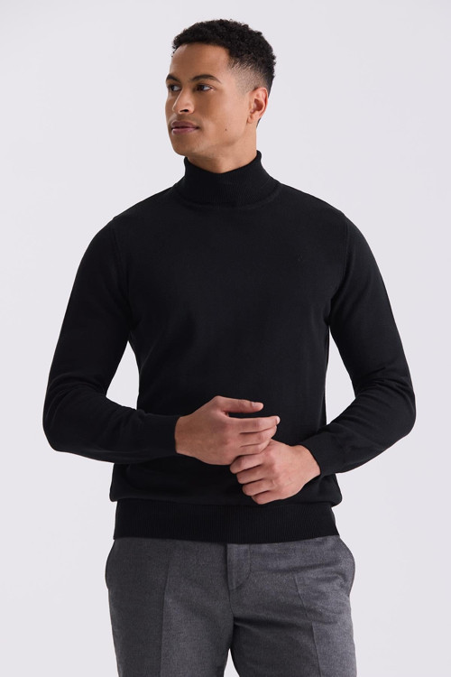 Siyah Slim Fit Tam Balıkçı Yaka Triko Kazak