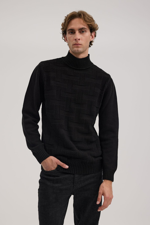 Siyah Slim Fit Desenli Pamuklu Tam Balıkçı Yaka Triko