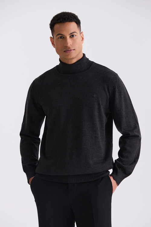 Antrasit Slim Fit Tam Balıkçı Yaka Triko Kazak