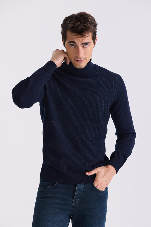 Lacivert Slim Fit Tam Balıkçı Yaka Triko Kazak
