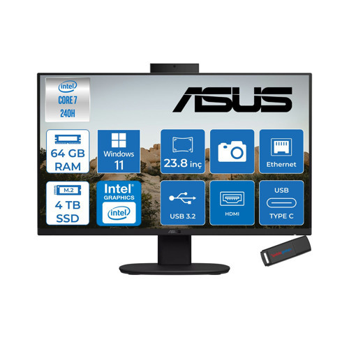 V440VAK Intel® Core™ 7 240H 5.2ghz 64GB Ddr5 4tb SSD 23.8" Fhd 100HZ 250NITS Srgb: %100 WIN11PRO Siyah Allınone Bilgisayar 24C716512B0DP25+ZETTAUSBBELLEK