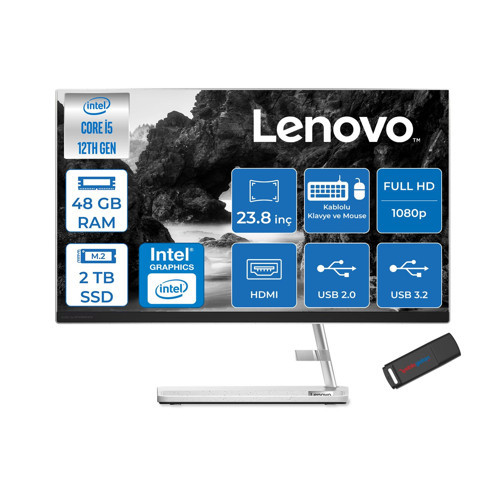 Ideacentre Aıo 3 24IAP7 Intel Core I5 12450H 48GB 2tb SSD Freedos 23.8" Fhd (1920X1080) IPS 250NITS All In One Bilgisayar Beyaz F0GH01GDTRF24+ZETTAUSBBELLEK
