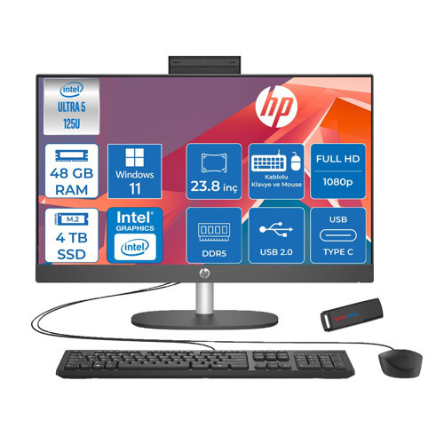 Proone 240 G10 Intel Core Ultra 5 125U 4.3 Ghz 48GB Ddr5 4tb SSD Intel Aı Boost Windows 11 Pro 23.8" Fhd (1920 x 1080) IPS All In One Bilgisayar HPD1GD0ETP28 + Zetta Flash Bellek