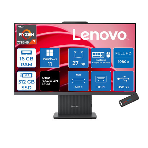 Ideacentre Aıo 27ARR9 Amd Ryzen 7 7735HS 16GB Ddr5 512GB SSD Windows 11 Pro Radeon 680M 27 Inç Fhd (1920X1080) IPS 300NITS Koyu Gri All In One Bilgisayar ICF0HQ00AATRP02 + Zetta Flash Bellek