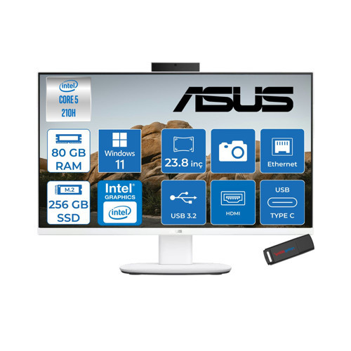 V440VAK Intel® Core™ 5 210H 4.8ghz 80GB Ddr5 256GB SSD 23.8" Fhd 100HZ 250NITS Srgb: %100 WIN11PRO Beyaz Allınone Bilgisayar 24C58512W0DP26+ZETTAUSBBELLEK