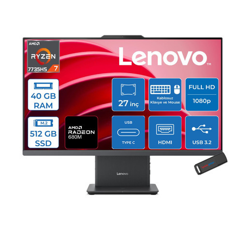 Ideacentre Aıo 27ARR9 Amd Ryzen 7 7735HS 40GB Ddr5 512GB SSD Freedos Radeon 680M 27 Inç Fhd (1920X1080) IPS 300NITS Koyu Gri All In One Bilgisayar ICF0HQ00AATRF17 + Zetta Flash Bellek