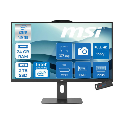 Msı Pro AP272P Intel Core I7 14700 5.4 Ghz 24GB Ddr5 2tb SSD Intel UHD Graphics 770 Windows 11 Home 27" IPS Fhd 250NITS 14MS All In One Bilgisayar 14MQ864EUH09 + Zetta USB