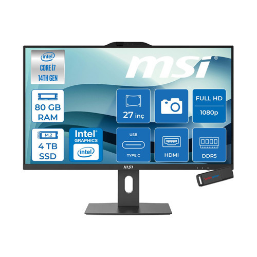 Msı Pro AP272P Intel Core I7 14700 5.4 Ghz 80GB Ddr5 4tb SSD Intel UHD Graphics 770 Windows 11 Pro 27" IPS Fhd 250NITS 14MS All In One Bilgisayar 14MQ864EUP35 + Zetta USB