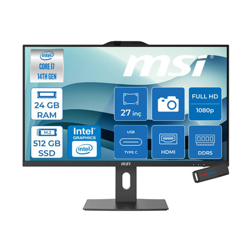 Msı Pro AP272P Intel Core I7 14700 5.4 Ghz 24GB Ddr5 512GB SSD Intel UHD Graphics 770 Windows 11 Pro 27" IPS Fhd 250NITS 14MS All In One Bilgisayar 14MQ864EUP07 + Zetta USB