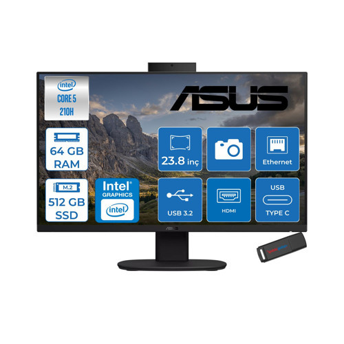 V440VAK Intel® Core™ 5 210H 4.8ghz 64GB Ddr5 512GB SSD 23.8" Fhd 100HZ 250NITS Srgb: %100 Freedos Siyah Allınone Bilgisayar 24C58512B0DF22+ZETTAUSBBELLEK