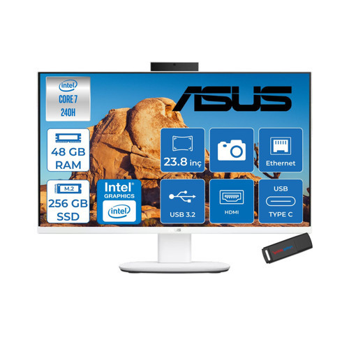 V440VAK Intel® Core™ 7 240H 5.2ghz 48GB Ddr5 256GB SSD 23.8" Fhd 100HZ 250NITS Srgb: %100 Freedos Beyaz Allınone Bilgisayar 24C716512W0DF16+ZETTAUSBBELLEK