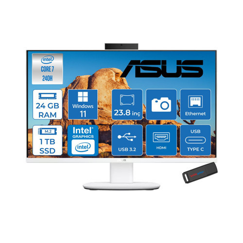 V440VAK Intel® Core™ 7 240H 5.2ghz 24GB Ddr5 1tb SSD 23.8" Fhd 100HZ 250NITS Srgb: %100 WIN11PRO Beyaz Allınone Bilgisayar 24C716512W0DP08+ZETTAUSBBELLEK