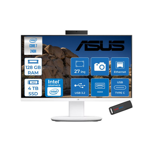 V470VAK Intel® Core™ 7 240H 5.2ghz 128GB Ddr5 4tb SSD 27" Fhd 100HZ 300NITS Srgb: %100 Freedos Beyaz Allınone Bilgisayar 27C716512W0DF40+ZETTAUSBBELLEK