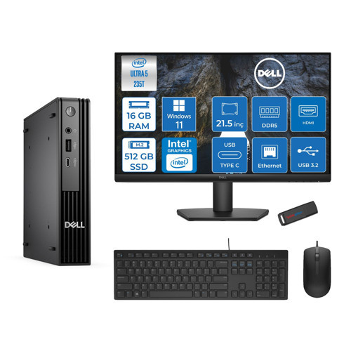 Pc Pro Mıcro QCM1250 Intel® Ultra 5 235T 16GB Ddr5 512GB SSD Intel® GRAPHICS21.5 Dell Monitör Fhd WIN11PRO Mini Masaüstü Bilgisayar BTO10621P02+ZETTAUSBBELLEK