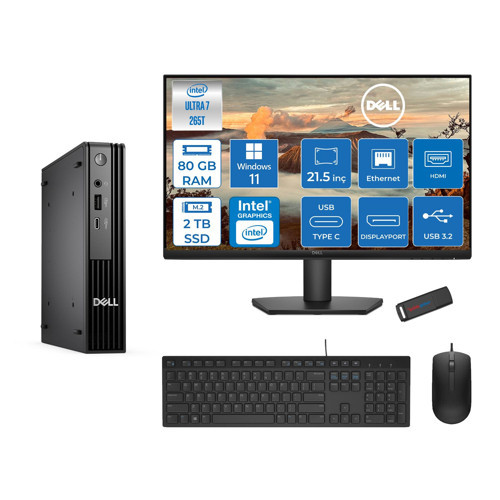 Pc Pro Mıcro QCM1250 Intel® Ultra 7 265T 80GB Ddr5 2tb SSD Intel® GRAPHICS21.5 Dell Monitör Fhd WIN11PRO Mini Masaüstü Bilgisayar BTO10721P29+ZETTAUSBBELLEK