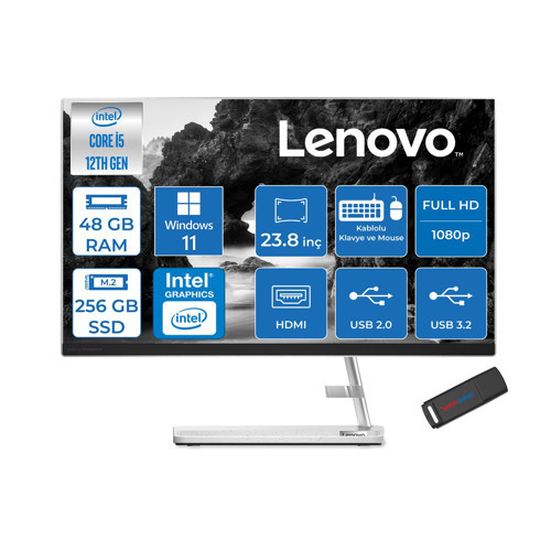 Ideacentre Aıo 3 24IAP7 Intel Core I5 12450H 48GB 256GB SSD WIN11PRO 23.8" Fhd (1920X1080) IPS 250NITS All In One Bilgisayar Beyaz F0GH01GDTRP21+ZETTAUSBBELLEK