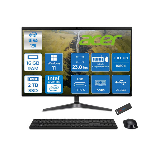 Veriton VZ2524G Intel Core Ultra 5 125U 16GB Ddr5 2tb SSD Intel® Aı Boost 23.8" Fullhd (1920 x 1080) Windows 11 Home All In One Bilgisayar DQR2REM001H04 + Zetta Flash Bellek