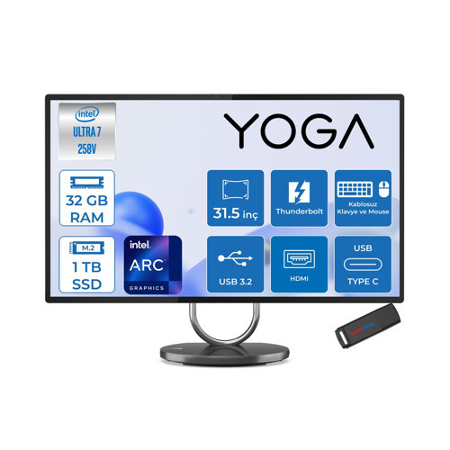 Yoga Aıo 32ILL10 Intel Core Ultra 7 258V 32GB 1tb SSD Intel Arc Graphics 140V 31.5" UHD (3840X2160) IPS 495NITS Freedos Kurumsal All In One F0HX001YTRF10 + Zettaçanta