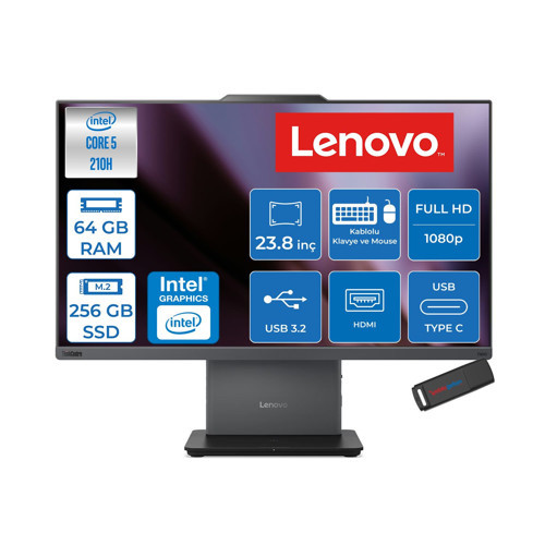 Thinkcentre Neo 50A 24 Gen 5 Intel® Core™ 5 210H 4.8ghz 64GB Ddr5 256GB SSD 23.8" Fhd (1920X1080) IPS 250NITS, 99% Srgb Freedos Siyah Allınone Bilgisayar 12SC004GTRF21+ZETTAUSBBELLEK