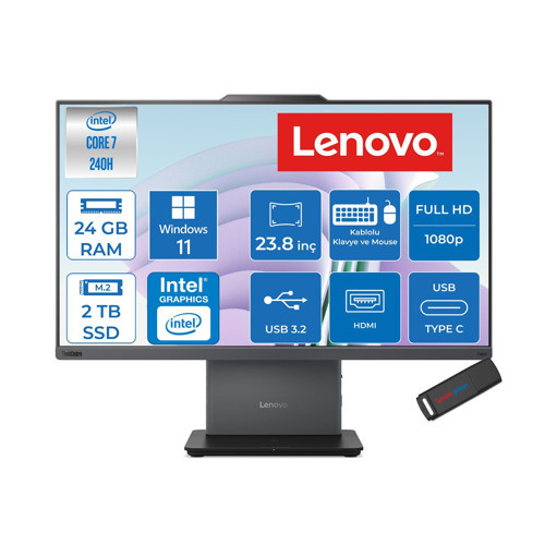 Thinkcentre Neo 50A 24 Gen 5 Intel® Core™ 7 240H 5.2ghz 24GB Ddr5 2tb SSD 23.8" Fhd (1920X1080) IPS 250NITS, 99% Srgb WIN11PRO Siyah Allınone Bilgisayar 12SC003YTRP09+ZETTAUSBBELLEK
