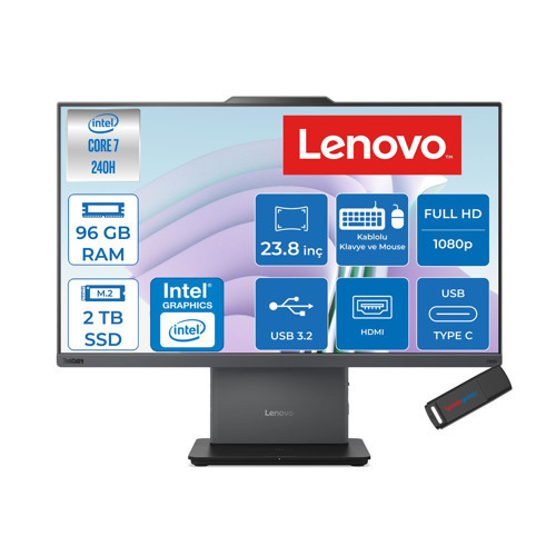 Thinkcentre Neo 50A 24 Gen 5 Intel® Core™ 7 240H 5.2ghz 96GB Ddr5 2tb SSD 23.8" Fhd (1920X1080) IPS 250NITS, 99% Srgb Freedos Siyah Allınone Bilgisayar 12SC003YTRF34+ZETTAUSBBELLEK