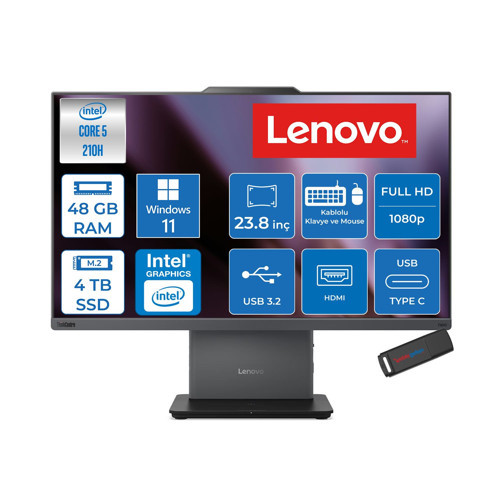 Thinkcentre Neo 50A 24 Gen 5 Intel® Core™ 5 210H 4.8ghz 48GB Ddr5 4tb SSD 23.8" Fhd (1920X1080) IPS 250NITS, 99% Srgb WIN11HOME Siyah Allınone Bilgisayar 12SC004GTRH20+ZETTAUSBBELLEK