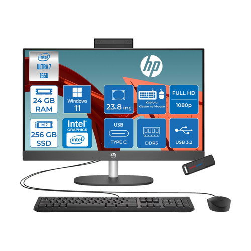 Proone 240 G10 Intel® Core™ Ultra 7 155U 4,8 Ghz 24GB Ddr5 256GB SSD 23.8" Fhd (1920 x 1080), Ips,wled 250 Nits WIN11HOME Siyah Allınone Bilgisayar D1BC2ETH06+ZETTAUSBBELLEK