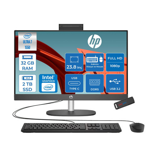 Proone 240 G10 Intel® Core™ Ultra 7 155U 4,8 Ghz 32GB Ddr5 2tb SSD 23.8" Fhd (1920 x 1080), Ips,wled 250 Nits Freedos Siyah Allınone Bilgisayar D1BC2ETF14+ZETTAUSBBELLEK