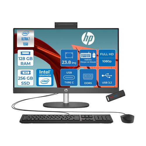 Proone 240 G10 Intel® Core™ Ultra 7 155U 4,8 Ghz 128GB Ddr5 256GB SSD 23.8" Fhd (1920 x 1080), Ips,wled 250 Nits Freedos Siyah Allınone Bilgisayar D1BC2ETF36+ZETTAUSBBELLEK