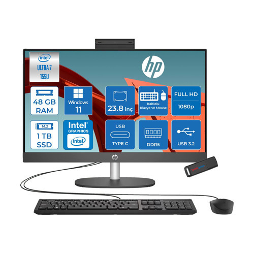 Proone 240 G10 Intel® Core™ Ultra 7 155U 4,8 Ghz 48GB Ddr5 1tb SSD 23.8" Fhd (1920 x 1080), Ips,wled 250 Nits WIN11PRO Siyah Allınone Bilgisayar D1BC2ETP18+ZETTAUSBBELLEK